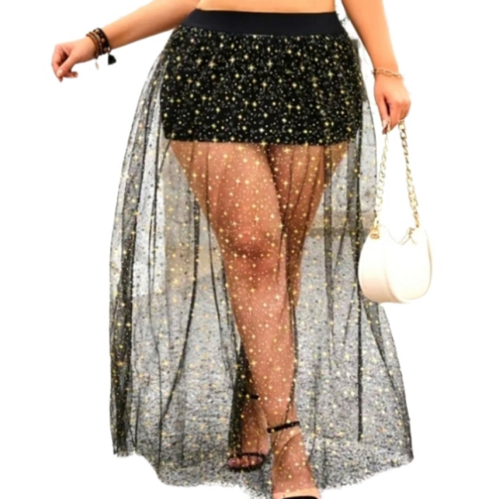 Beautiful Plus Size Shiny Pattern Mesh Skirt, Casual Elastic Waist Maxi Skirt 2x